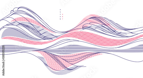 Abstract oriental Japanese art vector background, traditional style design, wavy shapes and mountains terrain landscape, runny like sea lines.