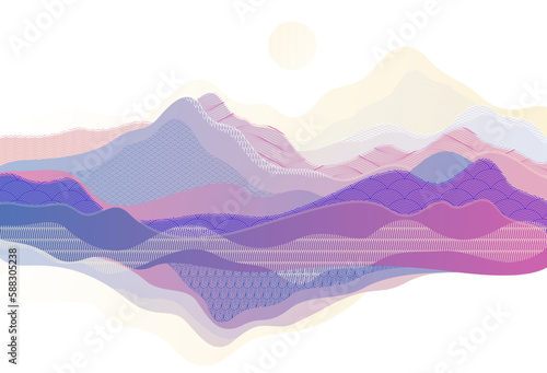Oriental Japanese style vector abstract illustration, background in Asian traditional style, wavy shapes and mountains terrain, runny like sea lines.