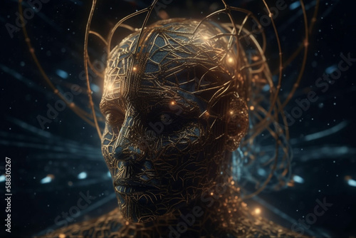 Intricate gold space god or king. 3D head impressive character design. Golden metallic head render. Ai generated