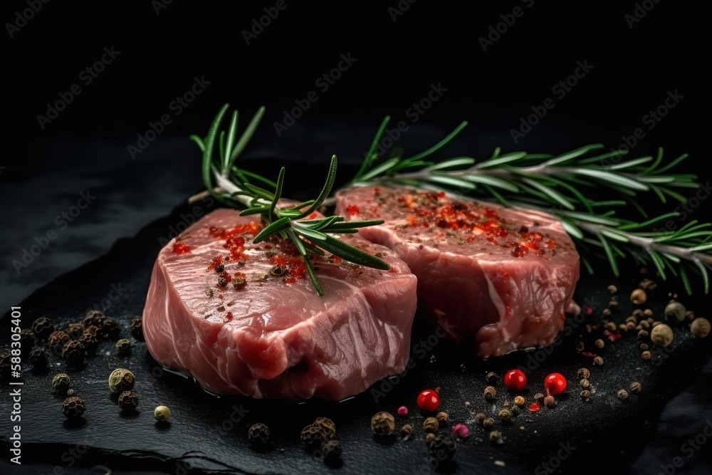  two pieces of raw meat with herbs and pepper on a black surface with a sprig of rosemary on top of the steaks.  generative ai