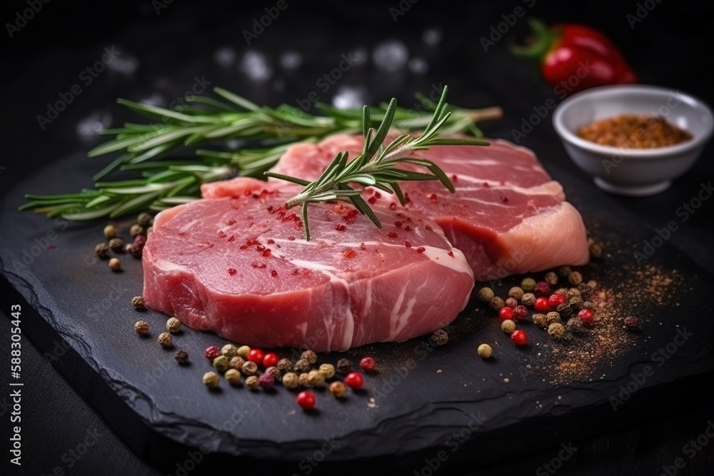  two pieces of raw meat on a cutting board with spices and seasoning on the side of the cutting board and a bowl of pepper and pepper on the side.  generative ai