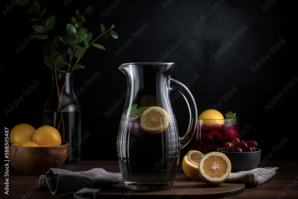 a pitcher of water with lemons, cranberries, and a bowl of cherries on a table with a bowl of oranges. generative ai a pitcher of water with lemons, cranberries, and a bowl of cherries on a table with a bowl of oranges. generative ai