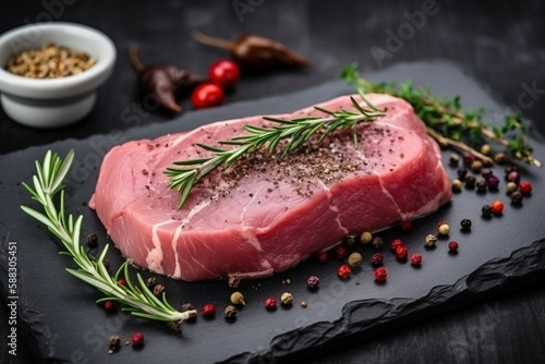 a piece of raw meat with herbs and spices on a slate board next to a bowl of seasoning and a pepper shaker on a black background. generative ai