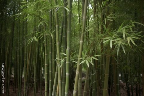  a tall bamboo tree with lots of green leaves on it's branches in a forest of tall bamboo trees with lots of green leaves on it's branches.  generative ai © Shanti