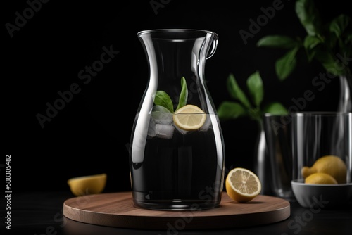  a pitcher of water with lemons and a glass of water next to it on a cutting board with two cups and a plant in the background.  generative ai