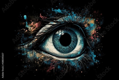 Reflection of the cosmos in the human eye, one human eye in the cosmos, generative AI.