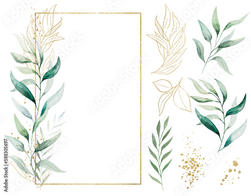 Rectangular golden frame made of green watercolor leaves  wedding illustration  single elements