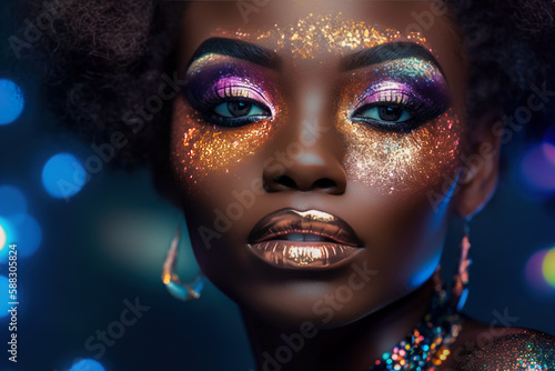 Creative art makeup. Close-up African American girl face with bright shimmery eyeshadow. Banner design for cosmetics and perfumery products  poster  card  invitation  web. digital ai art