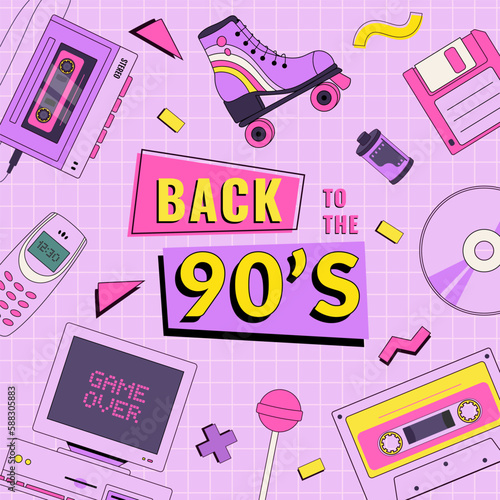 Back to the 90's poster with vintage element. Invitation card with old pc, phone, audio player, cassette, floppy disk, CD, roller skate and geometric elements. Retro vector illustration. Memphis style