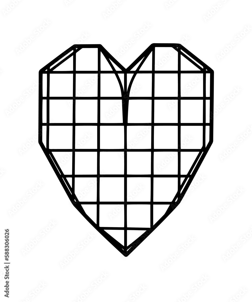 Linear clip art heart on a white background. Vector. Facets, grid, minimalism. Black and white design. Tattoo, logo, printing on clothes and accessories Linear clip art heart on a white background. Vector. Facets, grid, minimalism. Black and white design. Tattoo, logo, printing on clothes and accessories