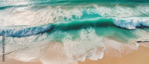 Top view of a beautiful tropical beach with sea waves.Aerial view. Panoramic shot. Generative AI