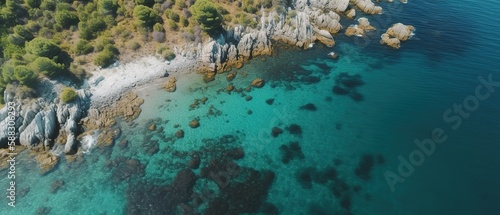 A beautiful picture of a rocky beach with a cliff from above.Aerial view. Panoramic shot. Generative AI