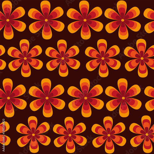 Beautiful Retro Groovy flowers pattern in orange   red and burgundy on dark background. For textile  fabric and wrapping paper. 