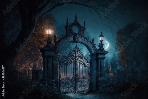 Gates to the cemetery at night  created with generative ai