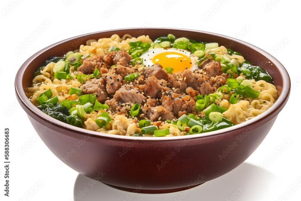 A bowl of ramen with halal beef, green onions, and sesame seeds. Generative AI