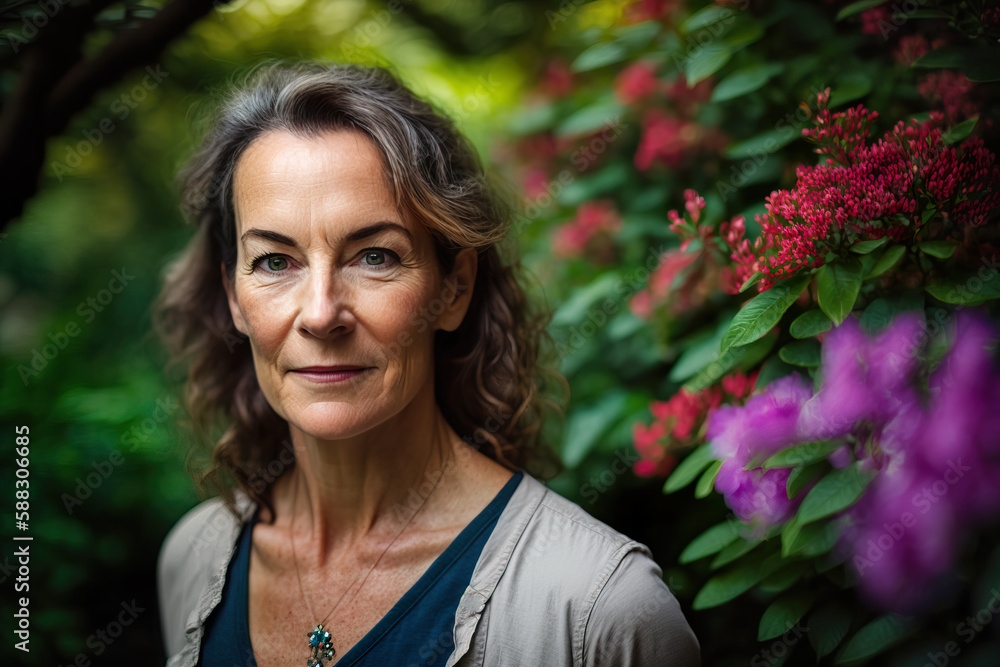 Smiling woman outdoors in the garden at springtime. Generative AI. Smiling woman outdoors in the garden at springtime. Generative AI.