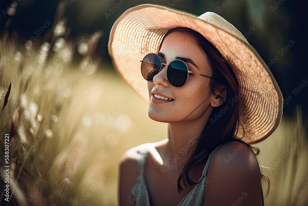 Beautiful girl enjoying the summer sun. Generative AI. Smile, Happy, Joyful, Outdoors, Nature, Leisure, Vacation, Beautiful girl enjoying the summer sun. Generative AI. Smile, Happy, Joyful, Outdoors, Nature, Leisure, Vacation,
