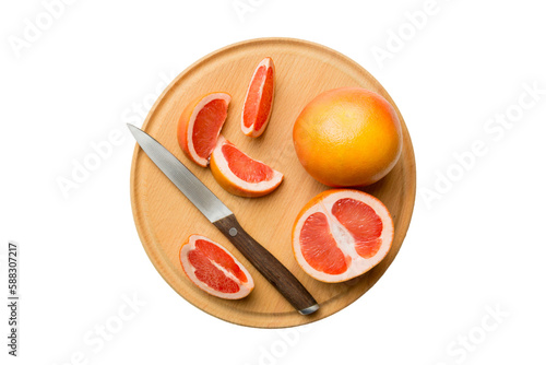 fresh Fruit grapefruit slices isolated on white background. Top view. Copy Space. creative summer concept. Half of citrus in minimal flat lay with copy space