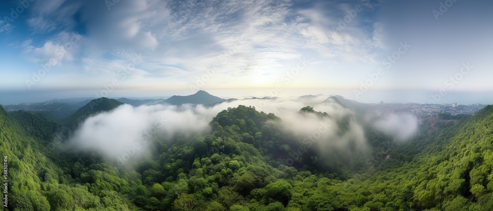 View from the height of the forest in the fog.Aerial view. Panoramic shot. Generative AI