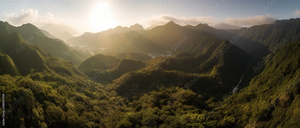 A view from a height of a mountain peak with green trees in the fog.Aerial view. Panoramic shot. Generative AI - obrazy, fototapety, plakaty 