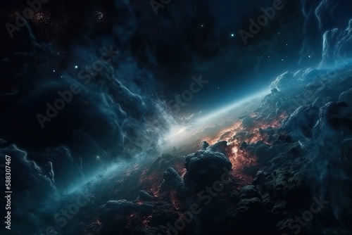 Deep and distant space, billion galaxies, beautiful space background, generative AI.