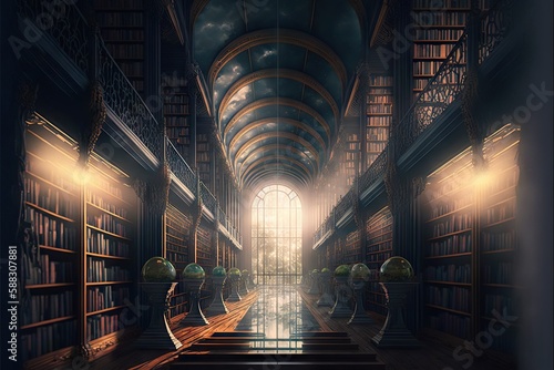 Huge library shelves stretching beyond the horizon, created with generative ai