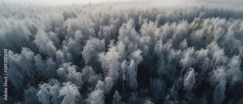 View from the height of the winter forest.Aerial view. Panoramic shot. Generative AI