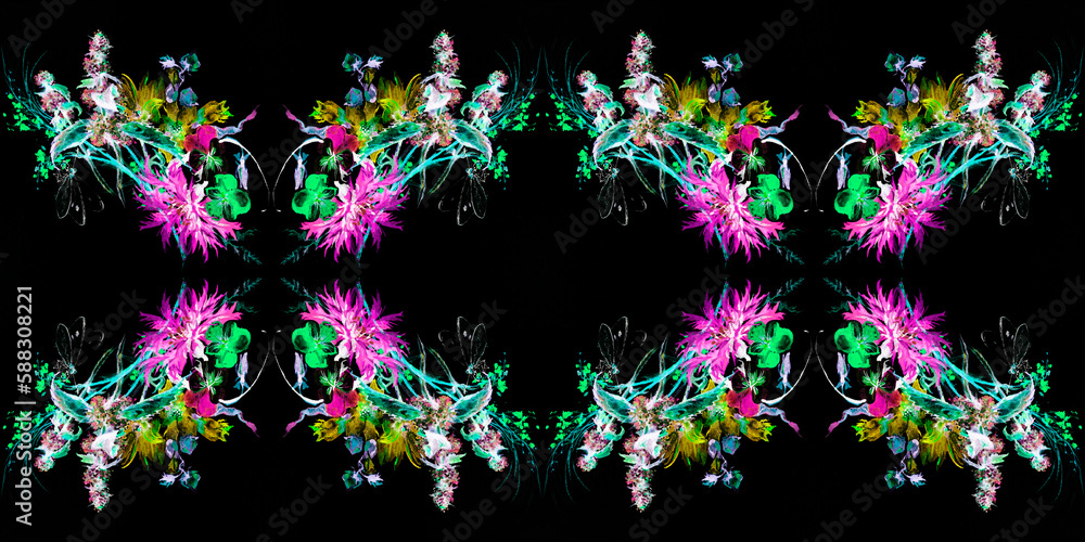 Painting with flowers and butterflies on a dark background, seamless ornament. Painting with flowers and butterflies on a dark background, seamless ornament.
