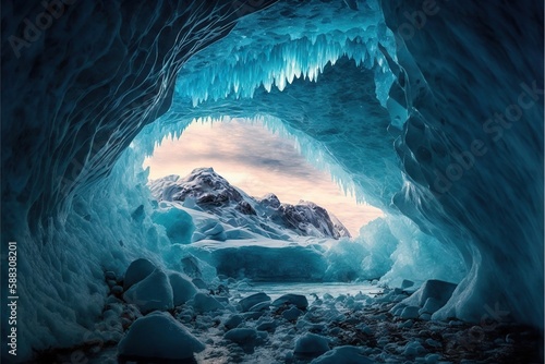 Incredibly beautiful ice cave, created with generative ai