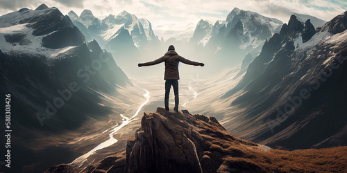 Symbolic image of success in life. Silhouette of a man with his arms outstretched to the sides, on top of a mountain, in the rays of light. Generative AI
