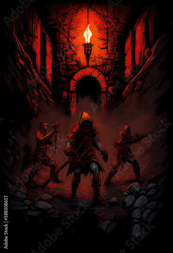 adventurers exploring dark dungeon, dark fantasy rpg - by generative ai
