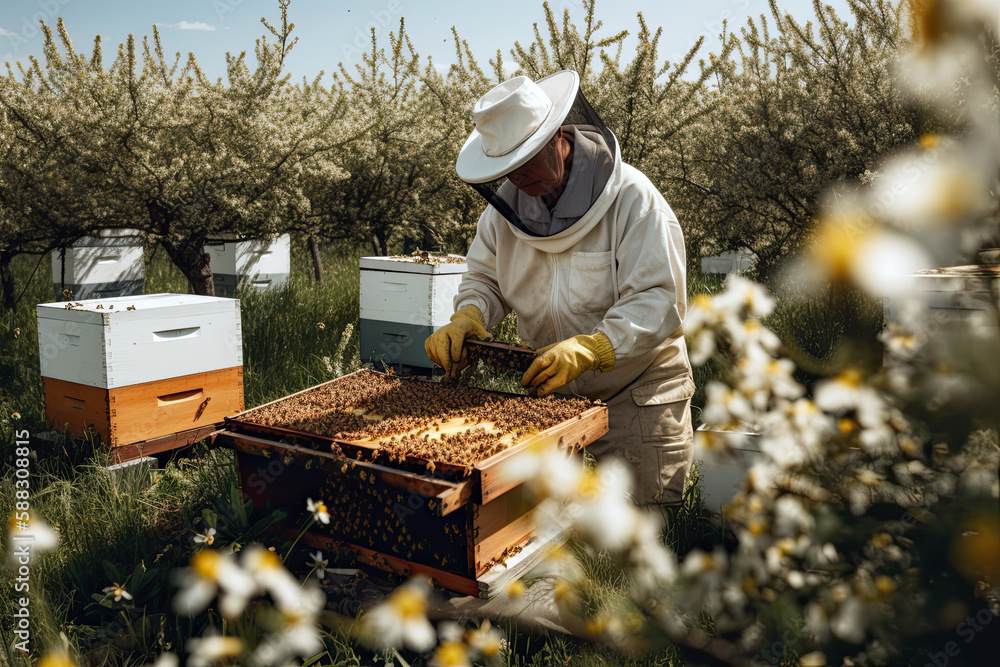 Generative AI Illustration of a beekeeper working in the field on the combs of a bee hive collecting honey Generative AI Illustration of a beekeeper working in the field on the combs of a bee hive collecting honey