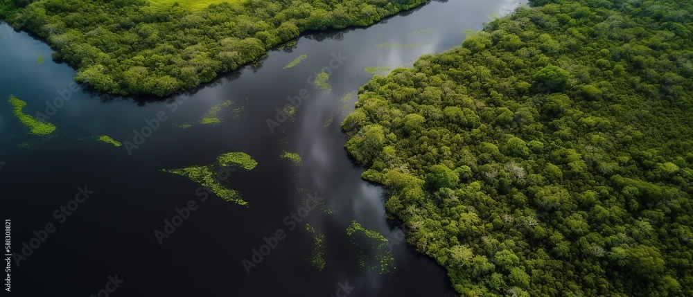 View of the island in the middle of the sea with clear blue water and green palm trees.Aerial view. Panoramic shot. Generative AI