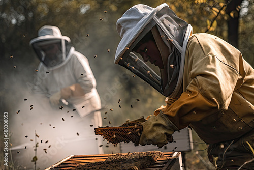 Generative Illustration AI of some beekeepers working in the field spraying the honeycombs with smoke to extract the honey from the honeycombs