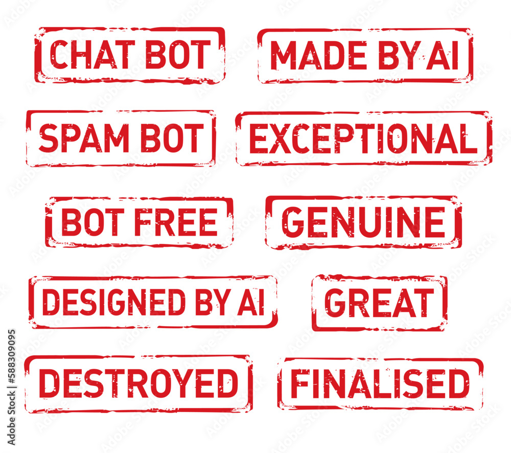 Set red stamp CHAT BOT, MADE BY AI, BOT FREE, CHAT BOT, finalised. Vector outline illustration. Set red stamp CHAT BOT, MADE BY AI, BOT FREE, CHAT BOT, finalised. Vector outline illustration.