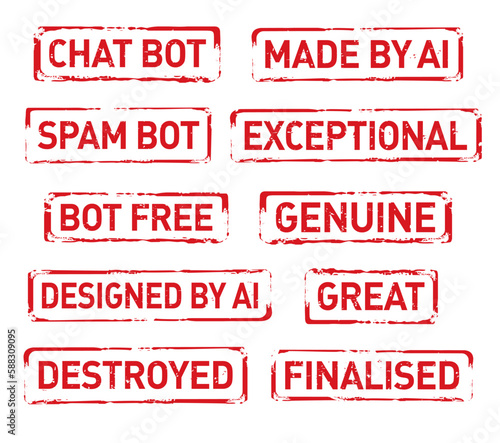 Set red stamp CHAT BOT, MADE BY AI, BOT FREE, CHAT BOT, finalised. Vector outline illustration.
