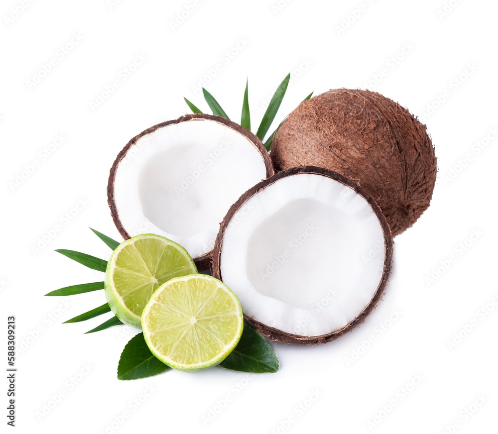 Coconut with lime citrus on white b ackgrounds Coconut with lime citrus on white b ackgrounds