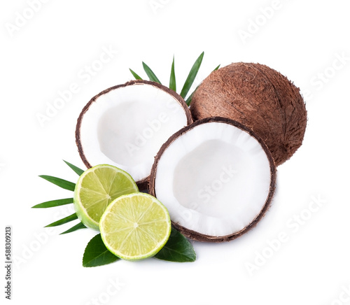 Coconut with lime citrus on white b ackgrounds © margo555