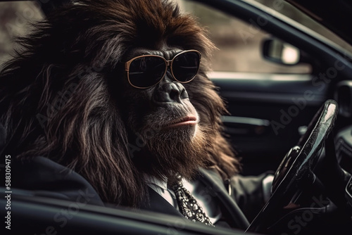 langhaariger Gorilla mit Sonnenbrille im Business Outfit im Auto beim fahren. Generative Ai. photo