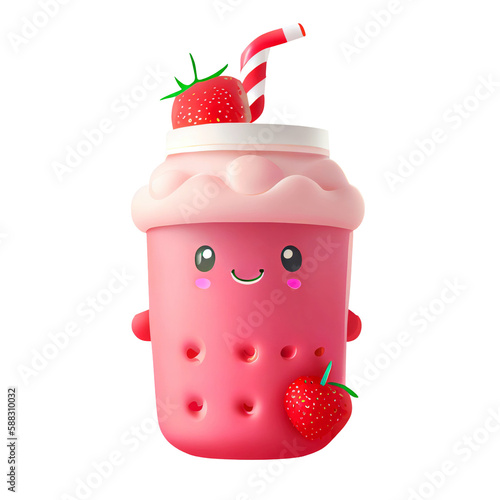 Cute Milkshake With strawberry Cartoon 3d Icon kawaii Illustration. Food And Drink isolated Transparent background png. Generative ai