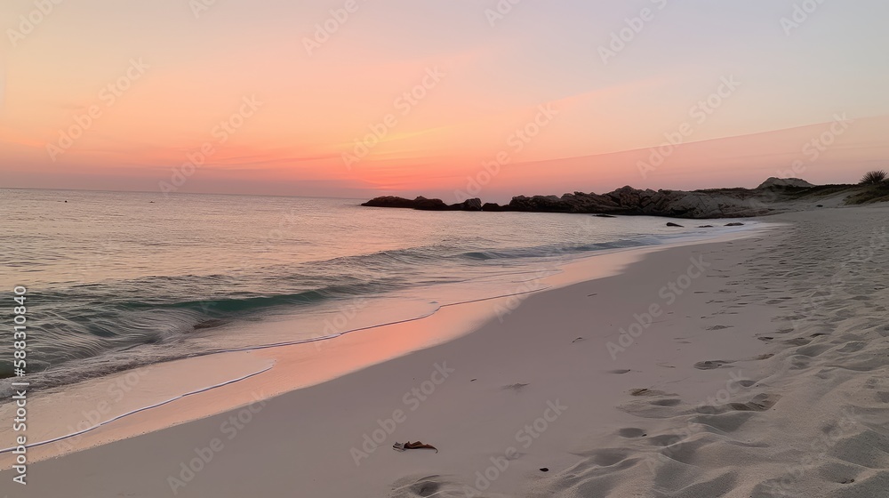 A serene sunset over a beach with soft pinks and oranges