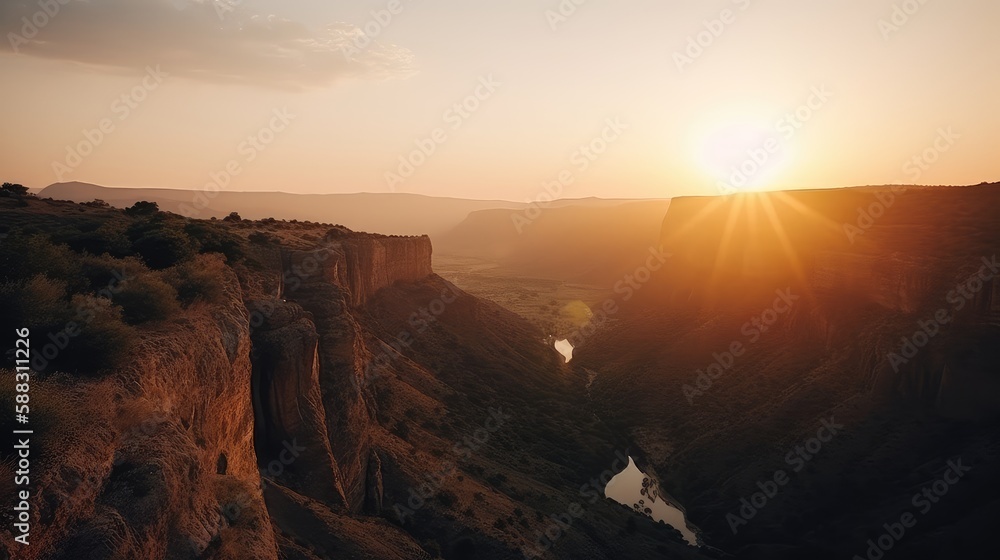 A majestic sunset over a canyon with dramatic shadows and highlights