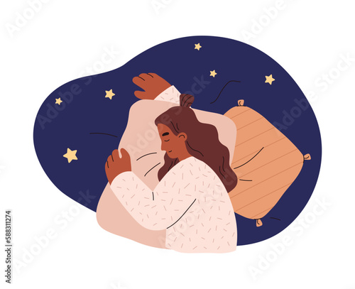 Smiling woman sleeping on side hugging pillow top view flat style