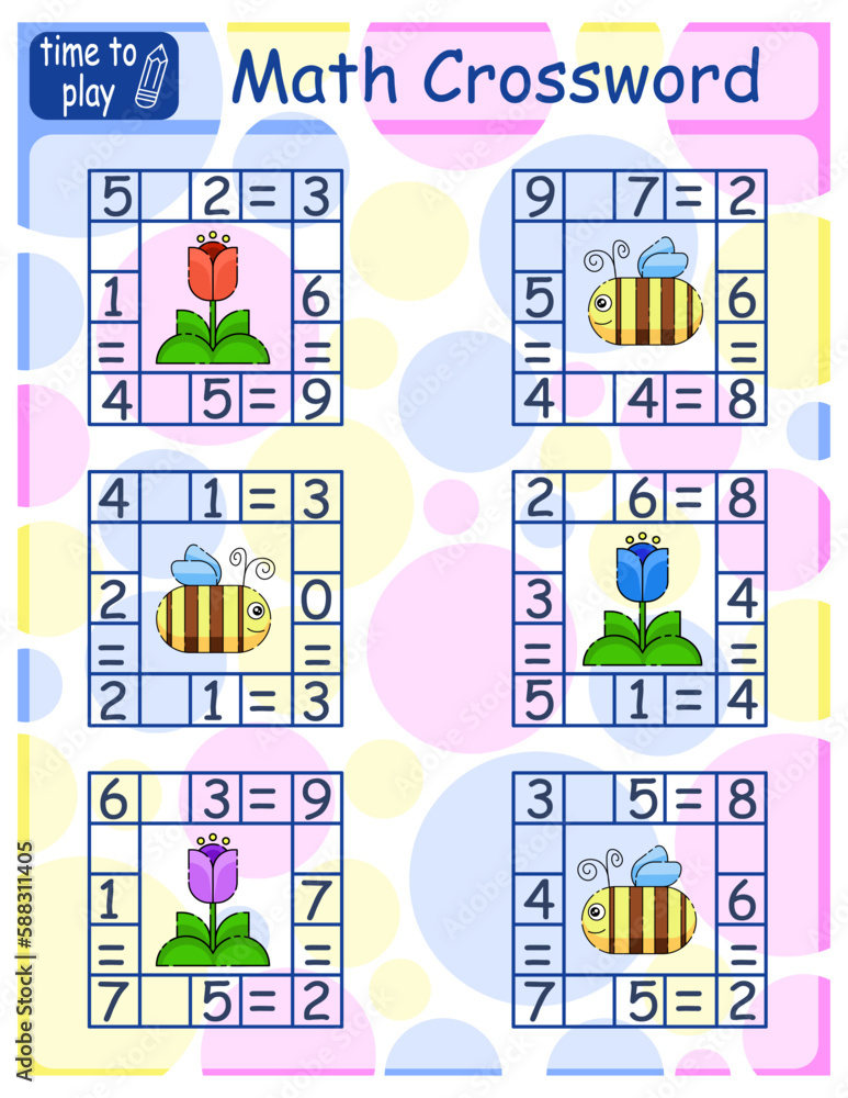 Math Crossword puzzle for children. Addition and subtraction Math Crossword puzzle for children. Addition and subtraction