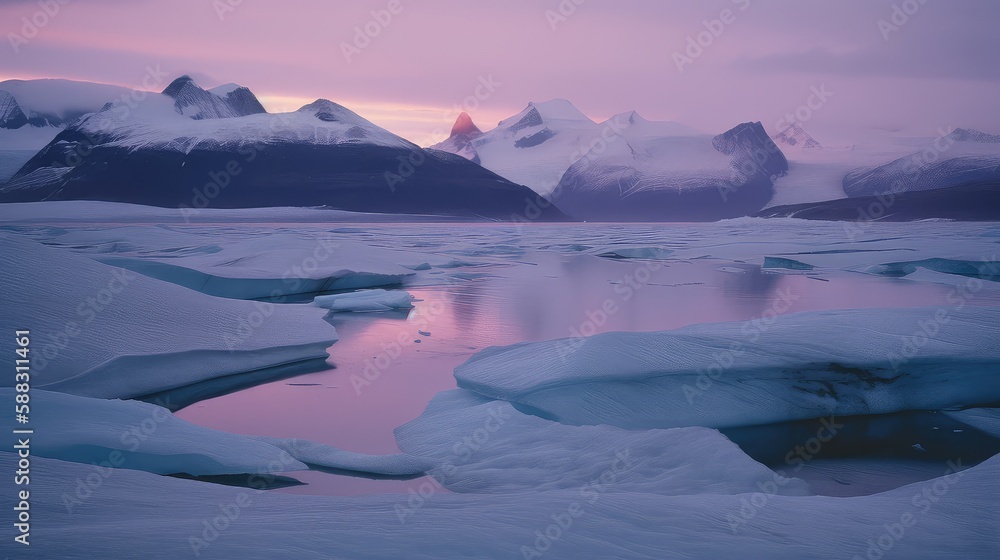 A breathtaking sunset over a glacier with cool blues and purples