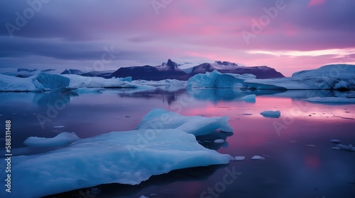 A breathtaking sunset over a glacier with cool blues and purples