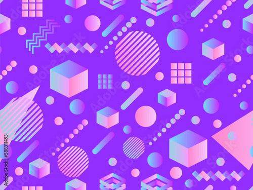 Memphis seamless pattern with geometric gradient shapes. Colorful geometric pattern in 80s style. Design for banners, promotional products and posters. Vector illustration