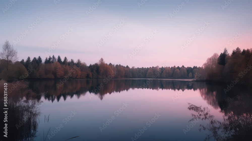 Fototapeta premium A tranquil sunset over a lake surrounded by trees with pastel hues of pink and blue, 
