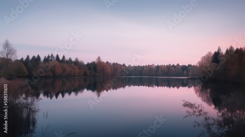 A tranquil sunset over a lake surrounded by trees with pastel hues of pink and blue, 