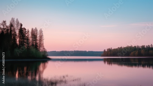 A tranquil sunset over a lake surrounded by trees with pastel hues of pink and blue  